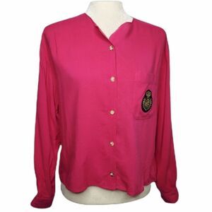 VINTAGE 90s blouse Chaus pink button up patch casual top M‎